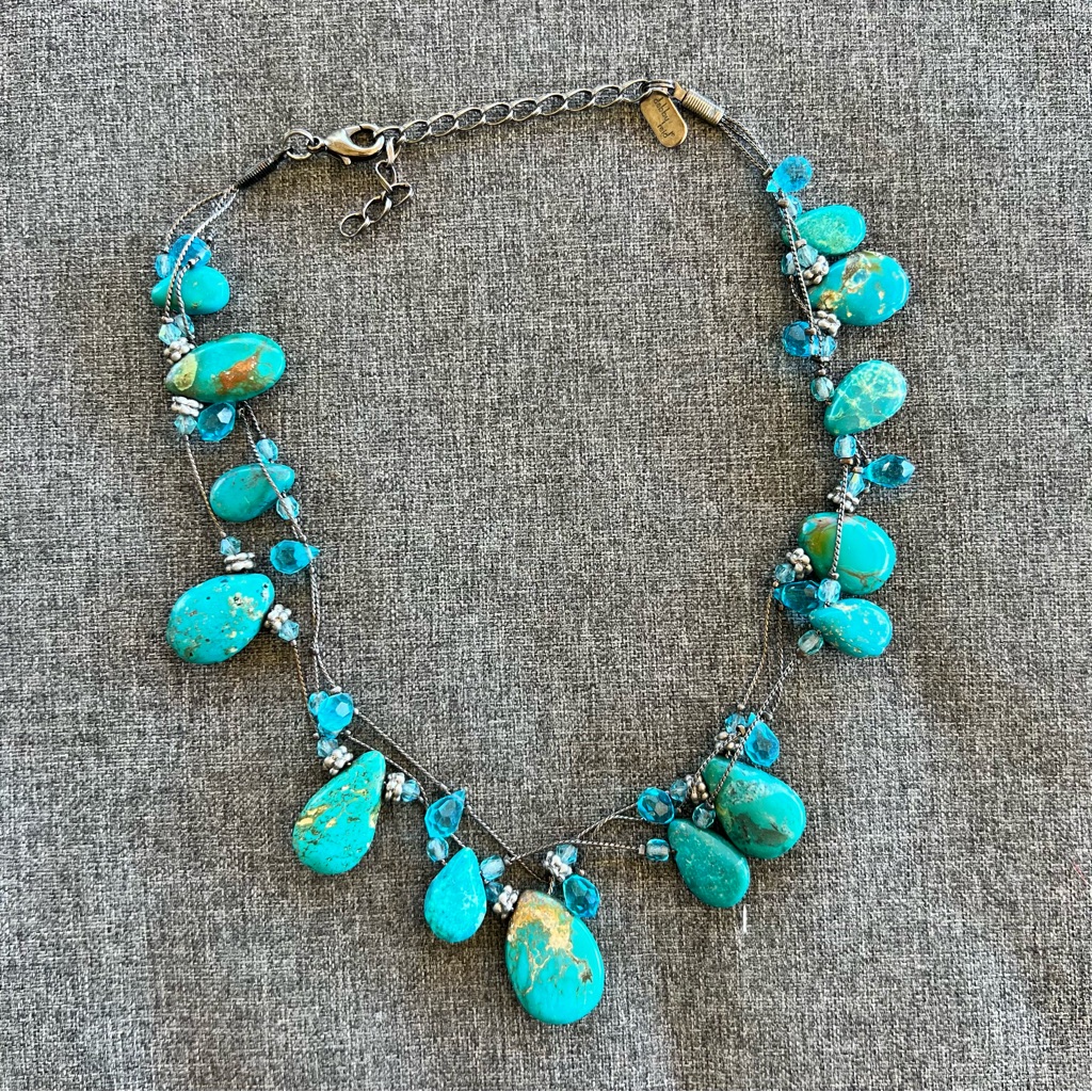 Dabby Reid Chunky Turquoise Beaded Necklace Silver Tone 16” Triple Strand